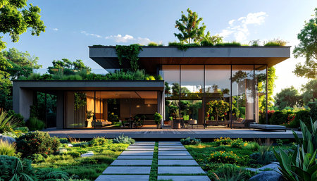 Modern house in the garden with beautiful landscaping. Sunset light.の素材