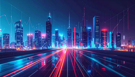 Highway in the city at night with glowing lights. The concept of business and finance.の素材