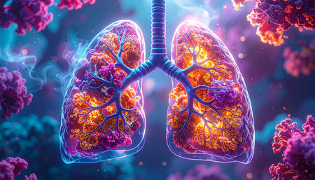 Lung cancer, 3D illustration of human lungs with cancer cellsの素材
