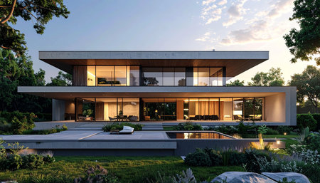 3d rendering of modern cozy house with parking and pool for sale or rent with wood plank facade. Clear summer evening with golden light from windows.の素材