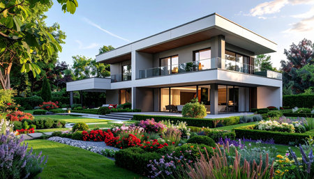 Luxury house in the garden with landscaping and flower bedsの素材