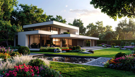 3d rendering of modern cozy house on the hill with garage and pool for sale or rent with beautiful landscaping on background. Clear sunny summer evening with blue sky.の素材