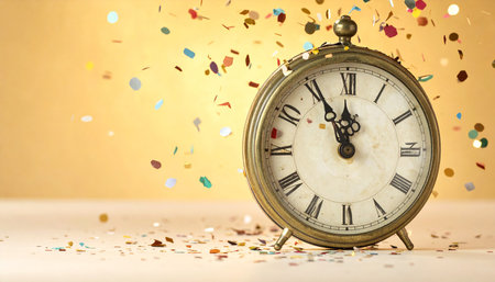 Vintage alarm clock and confetti on a white background with copy spaceの素材