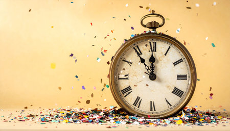 Vintage pocket watch and confetti on yellow background. Time conceptの素材
