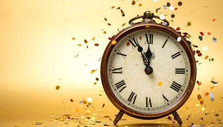 Vintage alarm clock and confetti on golden background. New Year conceptの素材