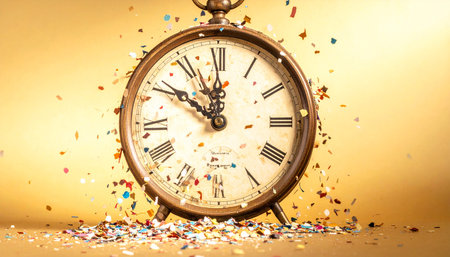 Vintage alarm clock and confetti on yellow background. Time conceptの素材