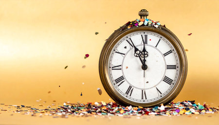 Pocket watch and confetti on a golden background. Time concept.の素材
