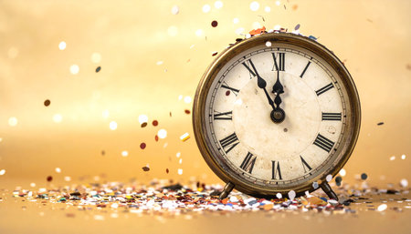 Vintage alarm clock and confetti on golden background. Time conceptの素材
