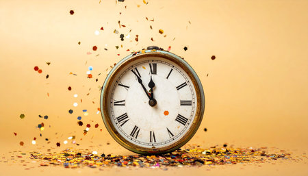 Vintage alarm clock and confetti on a yellow background. Time conceptの素材