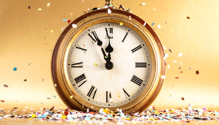 Vintage clock and confetti on golden background. Happy New Yearの素材