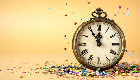 Vintage pocket watch with confetti on yellow background. Time conceptの素材