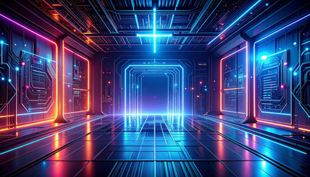 Futuristic dark corridor with glowing neon lights. 3D renderingの素材