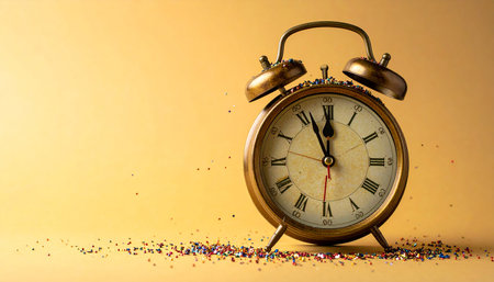 Vintage alarm clock and confetti on yellow background. Copy space.の素材