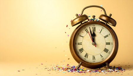 Vintage alarm clock and confetti on yellow background. Time conceptの素材