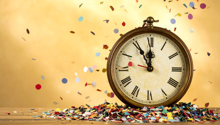 Vintage alarm clock and confetti on wooden table. Time conceptの素材