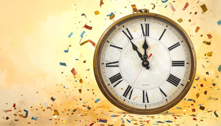 Vintage clock face with golden confetti on a yellow background.の素材