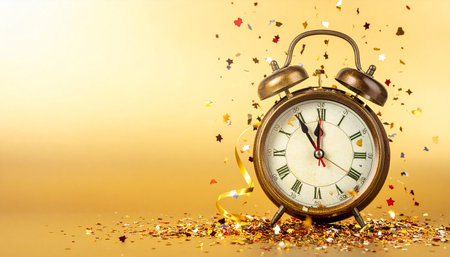 Alarm clock and confetti on golden background. New Year and Christmasの素材
