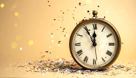Vintage pocket watch with confetti on golden background. Time conceptの素材