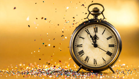 Vintage alarm clock on golden background with confetti. Time concept.の素材