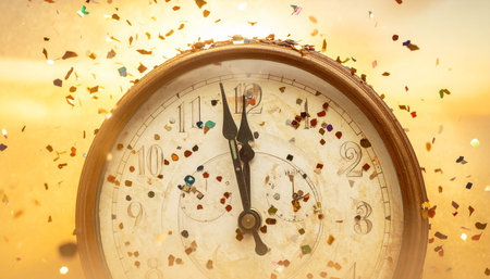 Vintage clock with falling confetti on background. Time concept.の素材