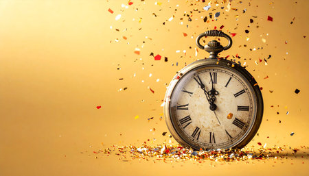 Vintage pocket watch with confetti on golden background. New Year conceptの素材