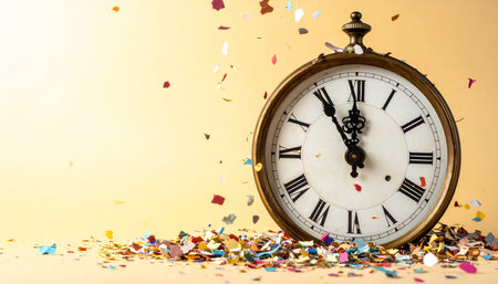 Vintage clock face and confetti on yellow background. Time conceptの素材