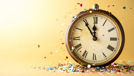 Vintage clock face and confetti on yellow background with copy spaceの素材