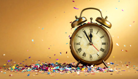 Alarm clock and confetti on color background. Time management conceptの素材