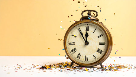 Vintage alarm clock and confetti on yellow background. Time conceptの素材