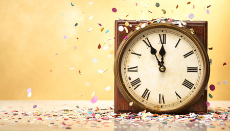 Vintage alarm clock with confetti on bokeh background.の素材