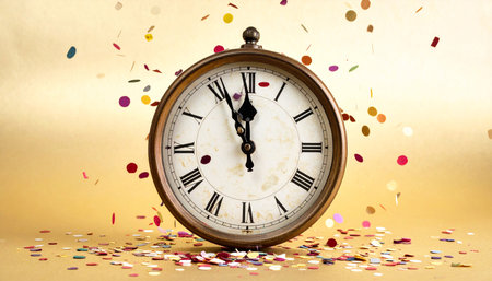 Vintage clock and confetti on golden background. Time concept.の素材