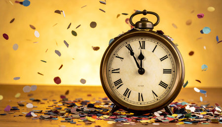 Vintage alarm clock and confetti on golden background. New Year conceptの素材