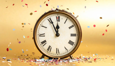 Vintage alarm clock and confetti on golden background. Time conceptの素材