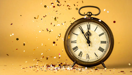 Vintage alarm clock and confetti on yellow background. Time conceptの素材