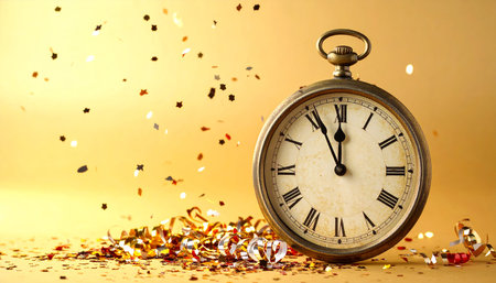 Vintage pocket watch with confetti and tinsel on yellow backgroundの素材