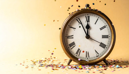 Vintage alarm clock and confetti on a golden background. Copy space.の素材