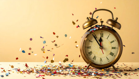 Vintage alarm clock and confetti on a yellow background with copy spaceの素材