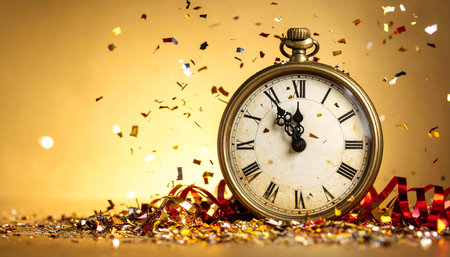 Old pocket watch with golden confetti and tinsel on golden backgroundの素材