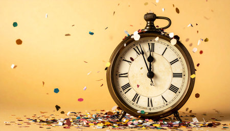 Alarm clock and confetti on a yellow background with copy spaceの素材