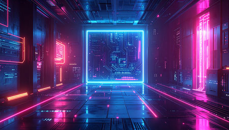 3d rendering of futuristic dark room with neon lights. Sci-fi background.の素材