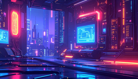 Futuristic sci-fi background with glowing neon lights. 3d renderingの素材