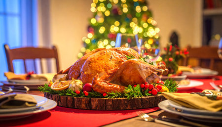 Traditional roasted turkey on Christmas table with Christmas tree in the background.の素材