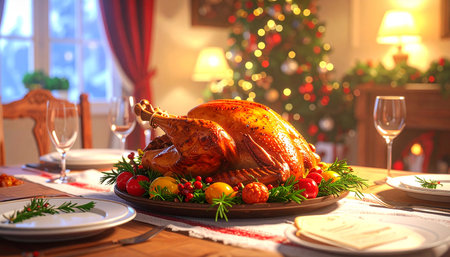 Christmas dinner with roasted turkey on wooden plate, served table at homeの素材