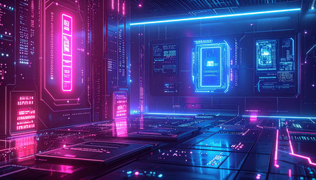 Futuristic interface with glowing neon lights. 3D Renderingの素材