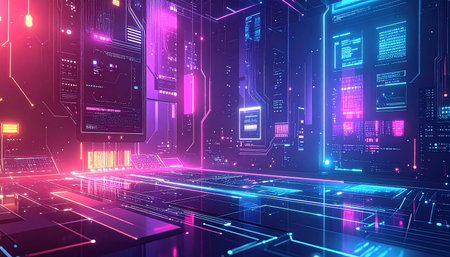 Futuristic cyberspace background with glowing neon lights. 3d renderingの素材