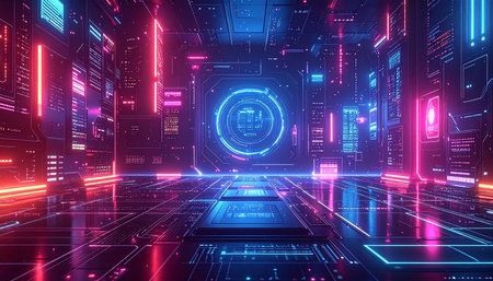 Futuristic cyberspace with neon lights. 3d renderingの素材