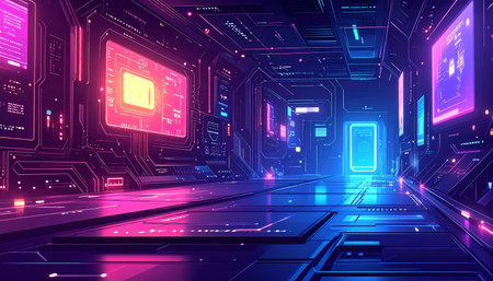 Futuristic interface with neon lights. 3d rendering, 3d illustration.の素材