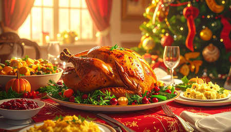 Traditional Christmas dinner with roasted turkey on festive table, close-upの素材
