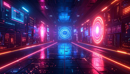 Futuristic dark corridor with glowing neon lights 3D rendering illustrationの素材