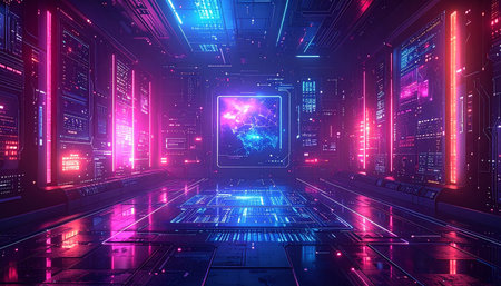 Futuristic sci-fi corridor with glowing neon lights, 3d renderingの素材